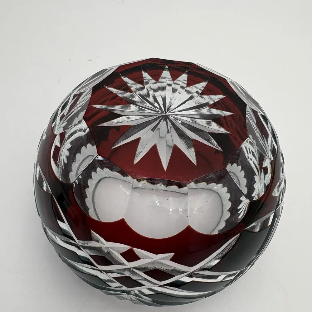 Bohemian Crystal Cut Clear Red Cranberry Votive‎ / Small Flower Design Bowl